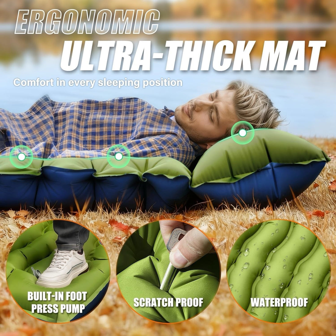 Camping Sleeping Pad Bed Inflatable Ultralight Pillow Built-in Foot Pump Hiking