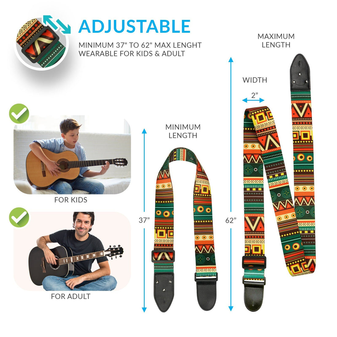 Art Tribute Vintage Aztec Guitar Bass Electric Acoustic Strap 2 Picks Strap Lock