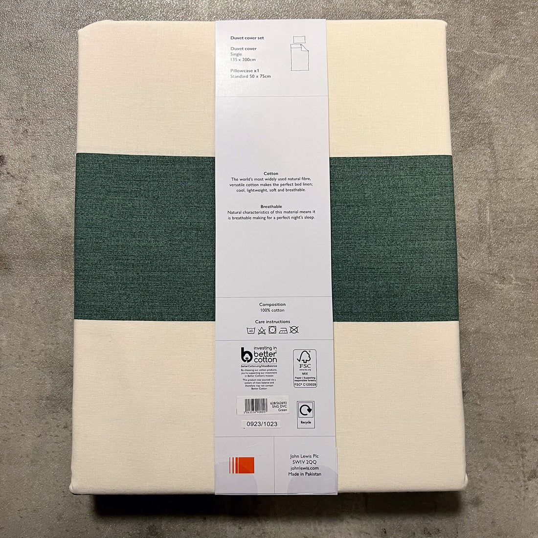 John Lewis 100% Cotton Single Duvet Cover Set Green & White Stripes.  Brand New