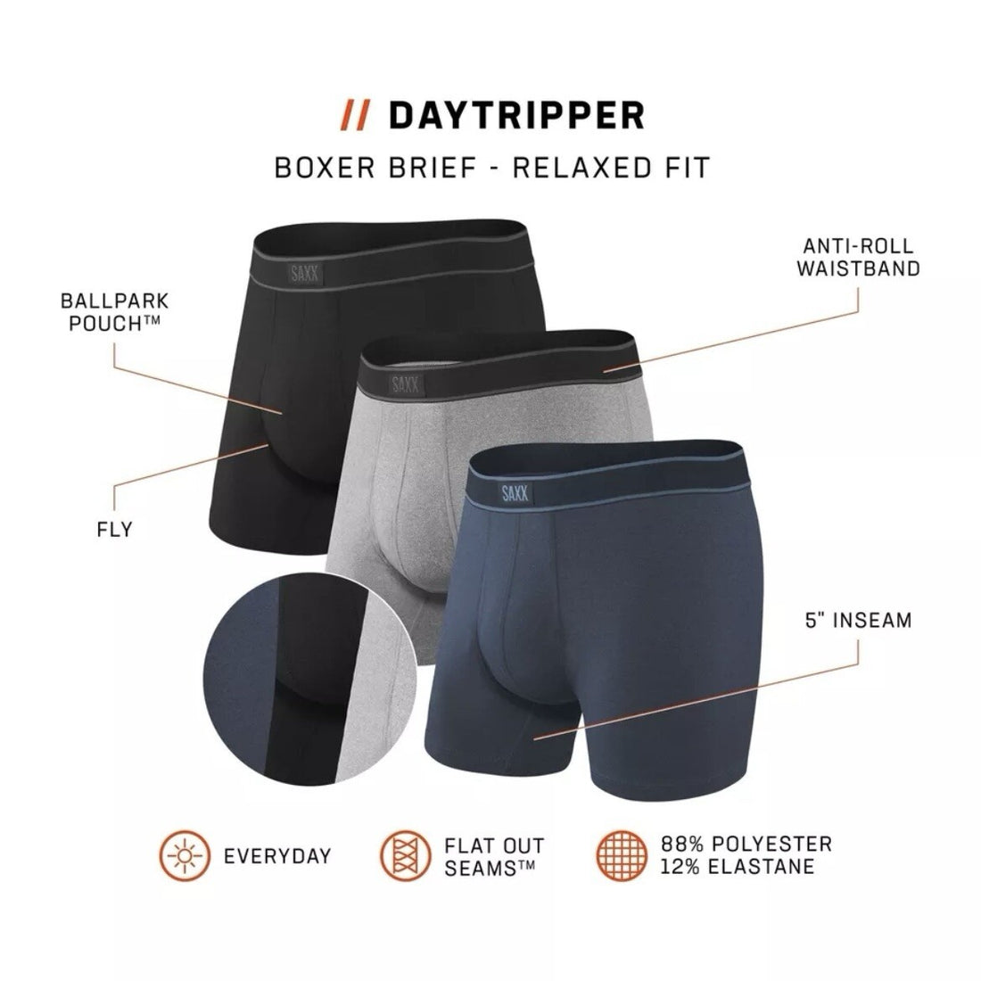 Saxx Underwear Day Tripper 3 Pack Boxer Briefs - Black/Grey/Navy - XL