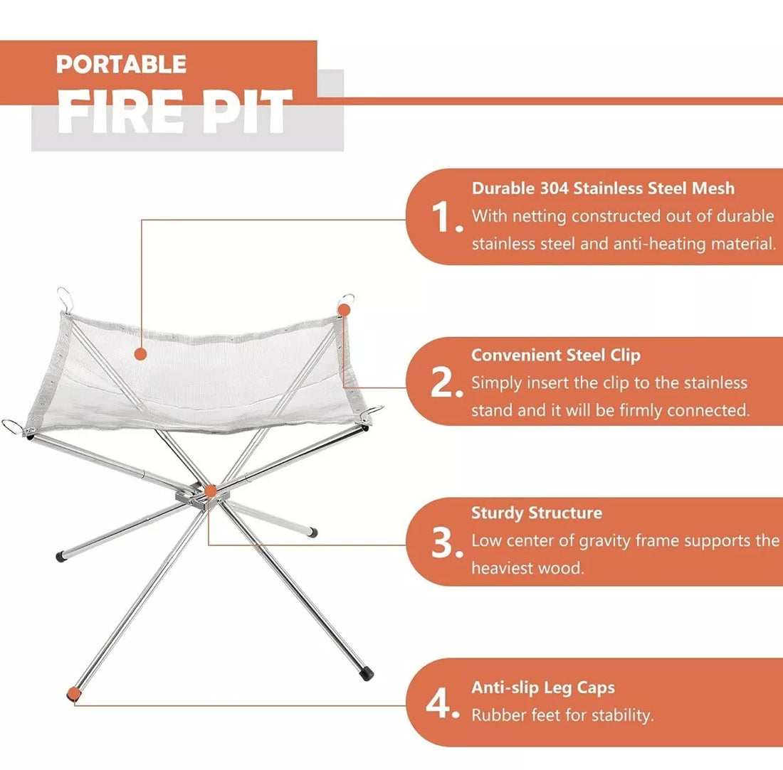 Folding Fire Pit Portable Mesh Steel Outdoor Camping 42cm