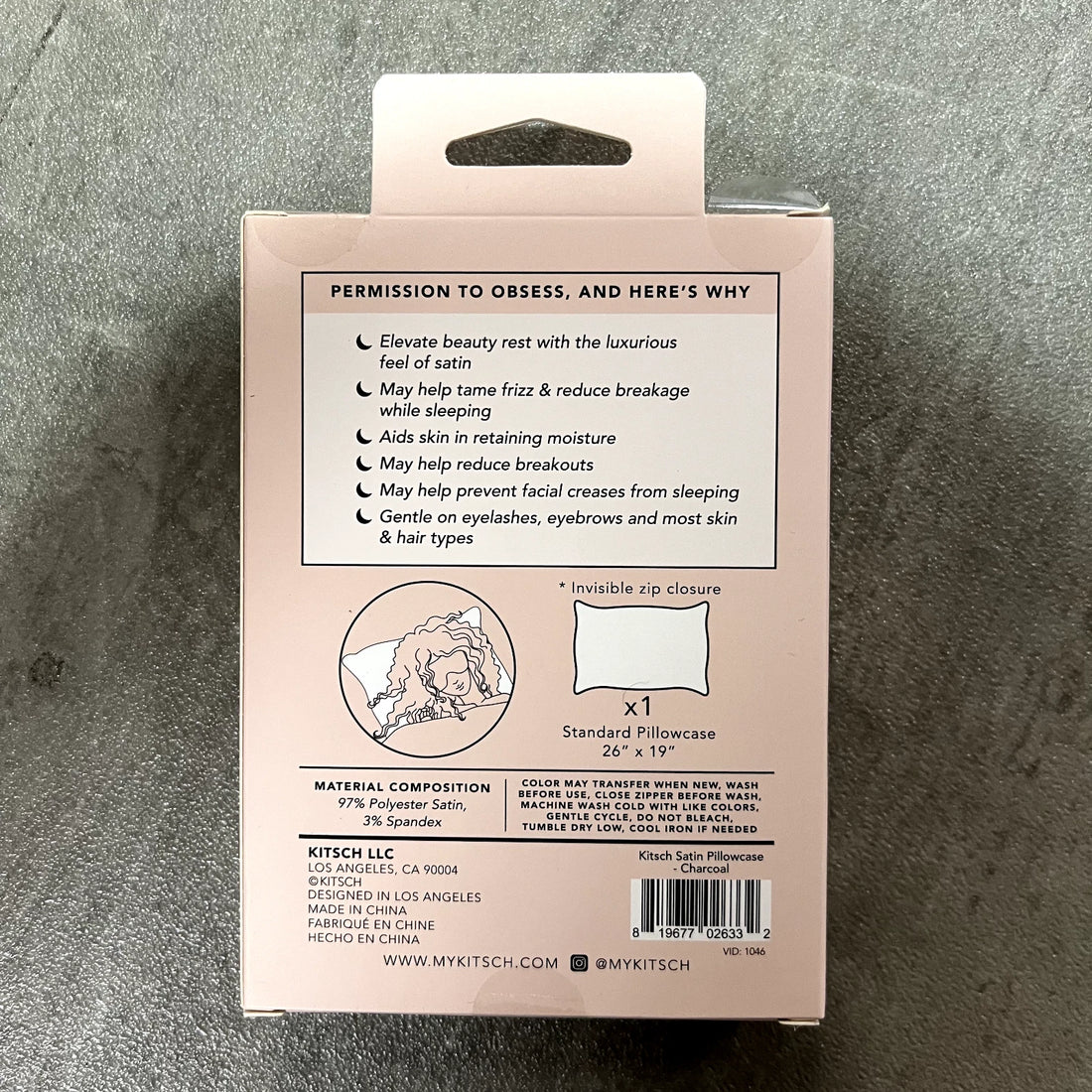 Kitsch Satin Pillowcase – Charcoal (Standard Size 26” x 19”) –  1 PC