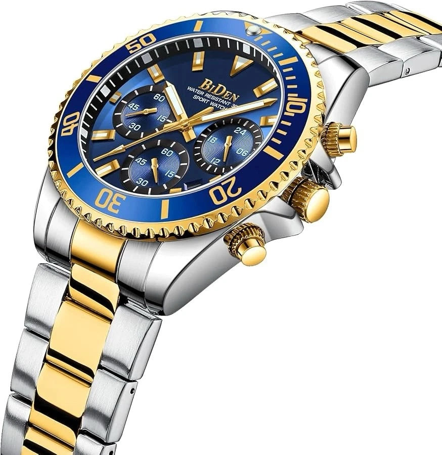 Biden Mens Watch Chronograph Stainless Steel Waterproof Date Quartz Gold / Blue