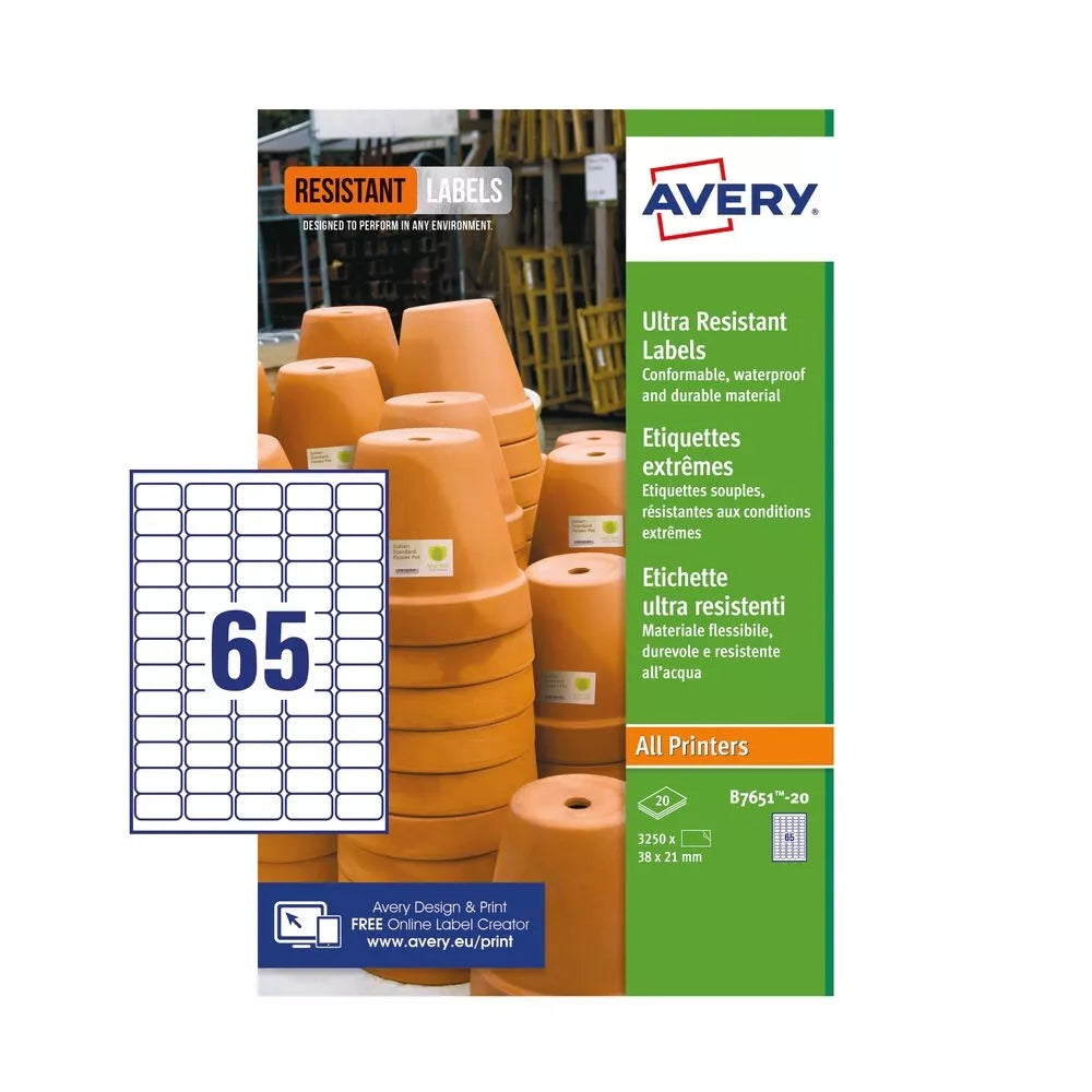 Avery B7651-20 Ultra Resistant Labels - 1300 Total Labels - 65 Labels Per Sheet
