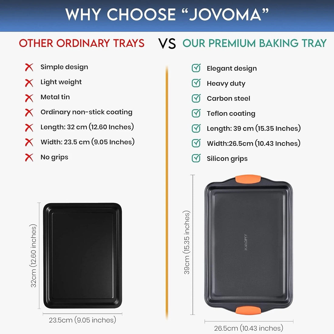 Jovoma Large 39cm Non Stick Oven Baking Roasting Tray - Silicone Handle Grips