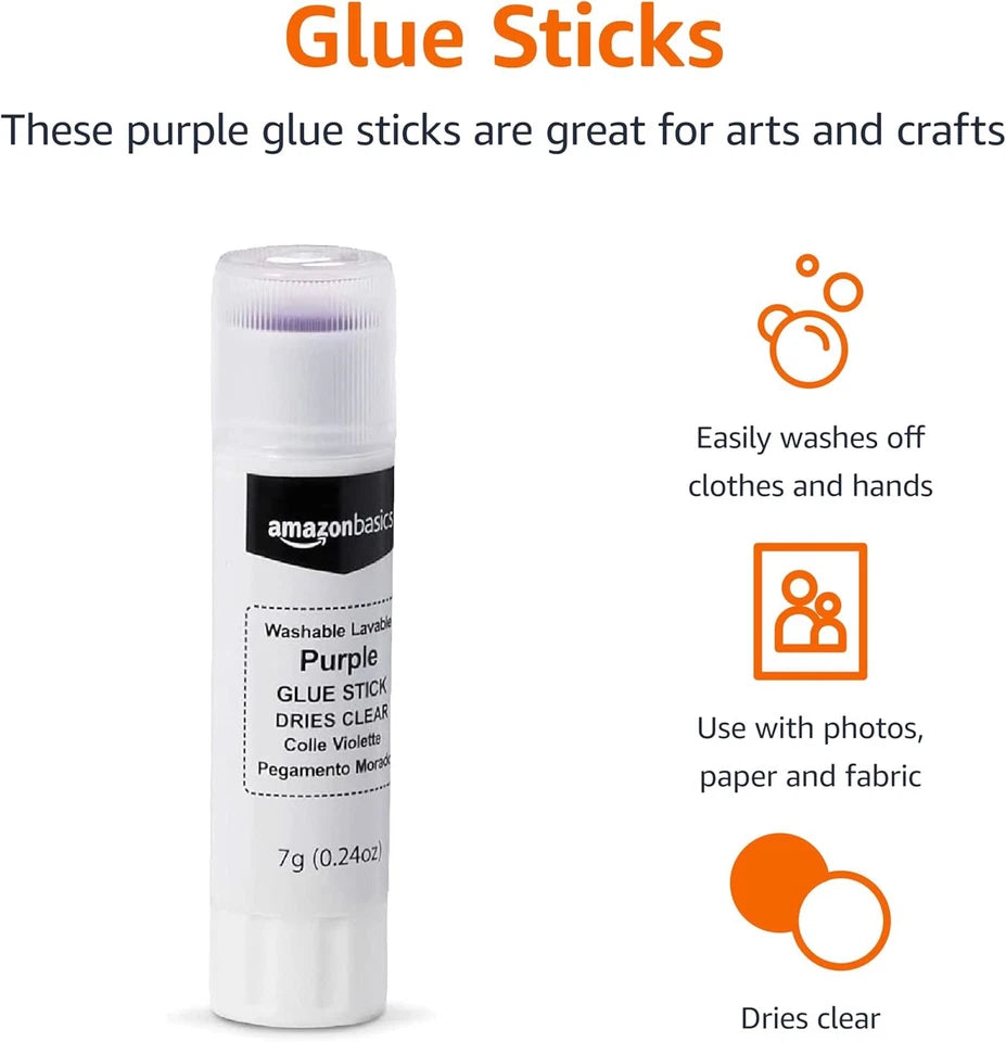 Amazon Basics Purple Washable School Glue Sticks, Dries Clear, Non-Toxic 60pcs